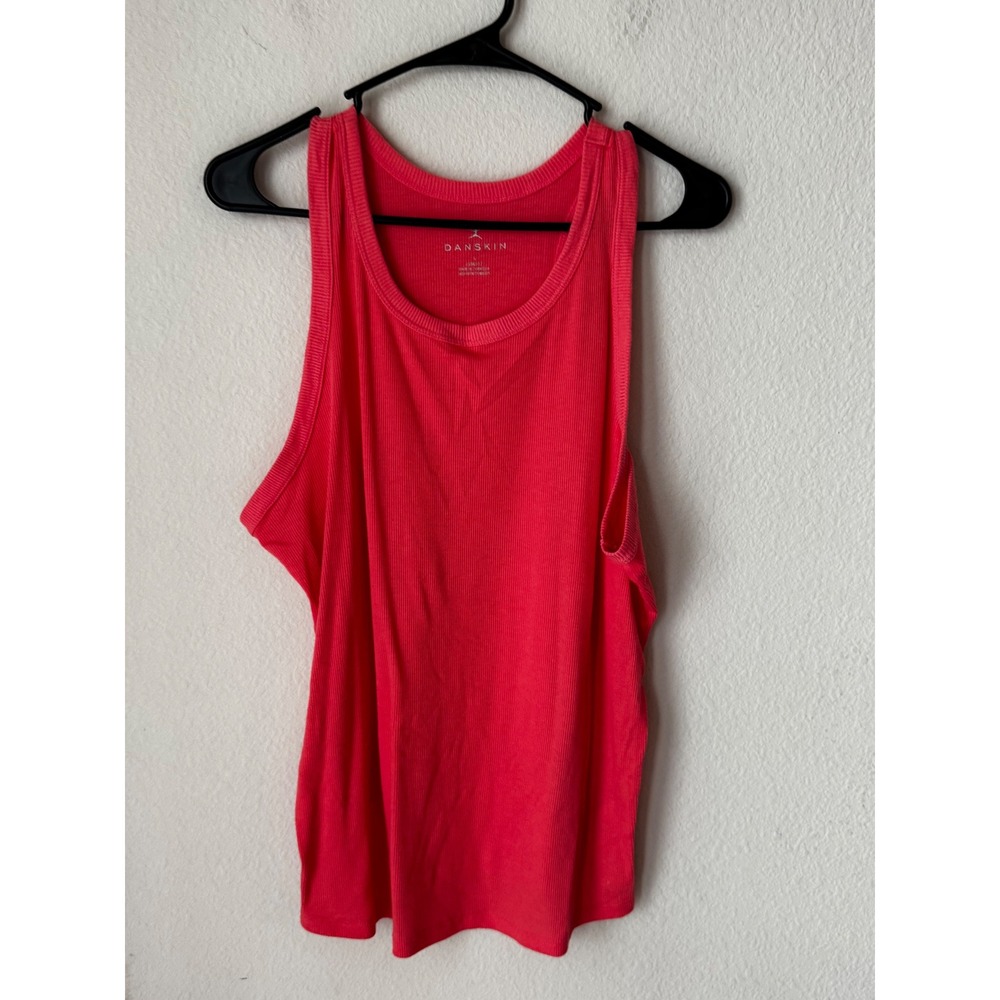 Danskin Womens Large Coral Pink Ribbed Knit Scoop Neck Active Tank Top 1596917